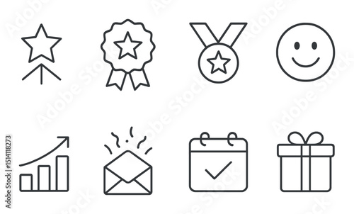 Achievement and success outline icons set – awards, goals, and recognition symbols