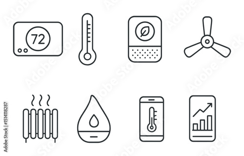 Climate control icons set – silhouette, temperature, heating and cooling symbols