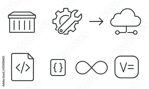 Devops integration outline icons set – linear, development and automation designs
