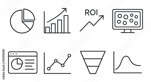 Analytics and data outline icons set – linear, statistics and graph design symbols