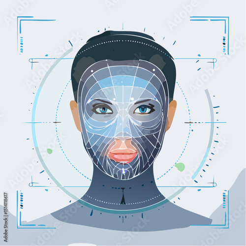 Facial recognition UI with biometric tracking points and scan grids.