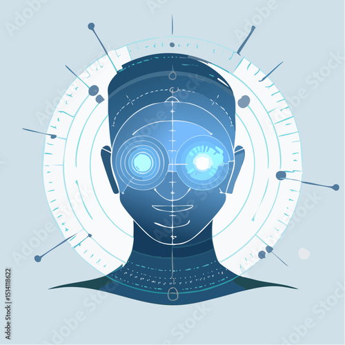 Facial recognition UI with biometric tracking points and scan grids.