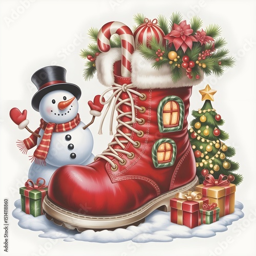Christmas Boot and Snowman – Festive Holiday Illustration