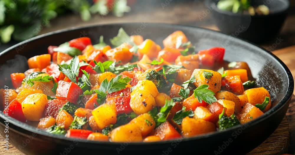 Appetizing close-up of a steaming hot pan full of colorful cooked food. The food is a mix of cooked vegetables that include vibrant orange carrots red peppers and greens. The meal is on a wooden Appetizing close-up of a steaming hot pan full of colorful cooked food. The food is a mix of cooked vegetables that include vibrant orange carrots red peppers and greens. The meal is on a wooden