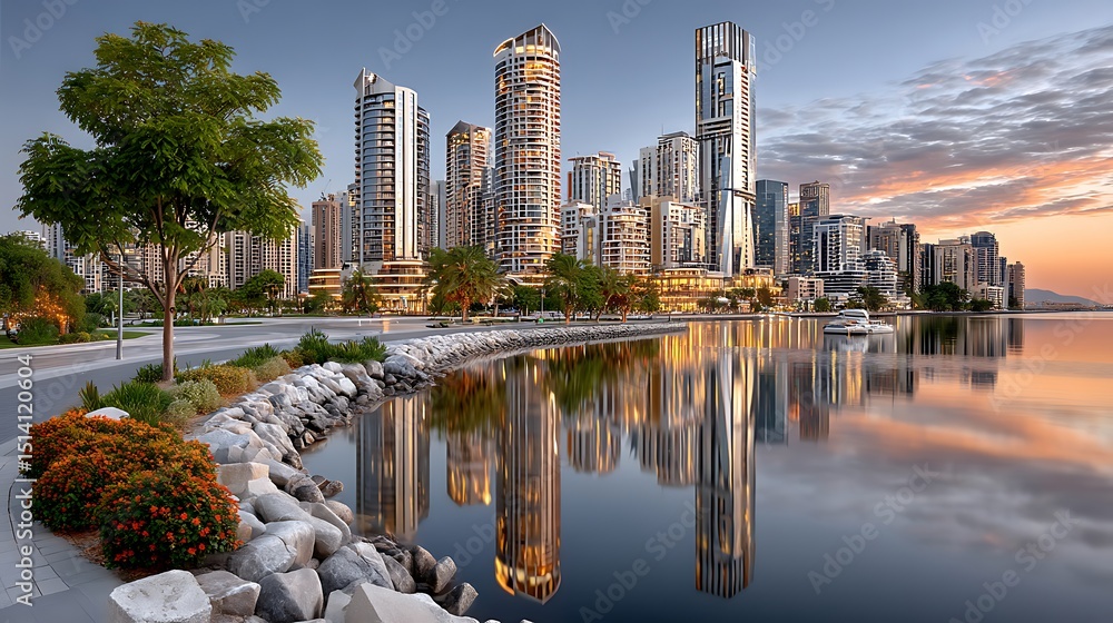 Obraz premium Futuristic city architecture with high-rise reflections in calm river view high resolution photo