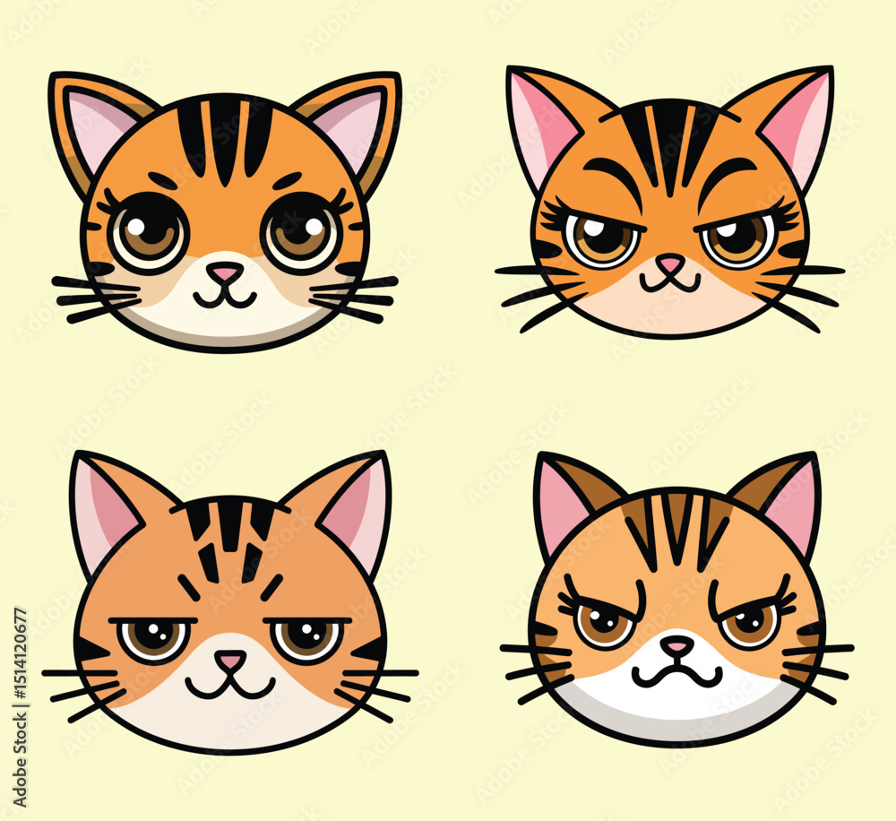 Cute Cat Faces Kitten Emotions Expressions Pet Vector Icon Set Cute Cat Faces Kitten Emotions Expressions Pet Vector Icon Set