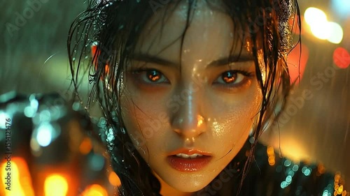 Intense close-up of a woman in the rain holding a glowing lantern, with vibrant bokeh lights in the background