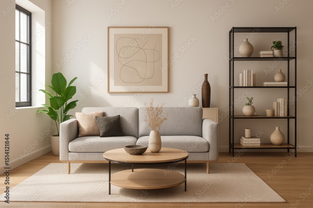 Fototapeta premium Modern Living Space 3D Visualization of a Contemporary Indoor Room with Stylish Furniture Chic Decorations and a Bright Airy Atmosphere Background
