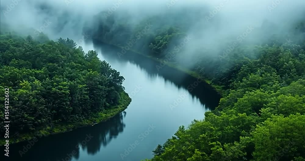 Aerial view of a waterway with mist and green trees. Blue water flows through the forest with fog in the background