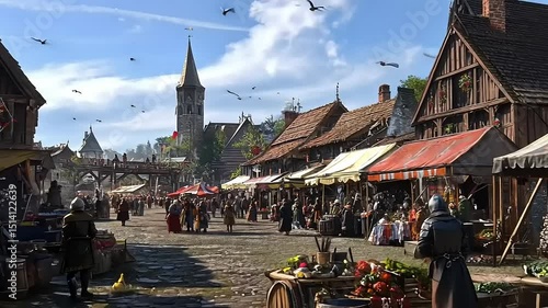 Bustling medieval market square illustration, vibrant, lively, historically realistic