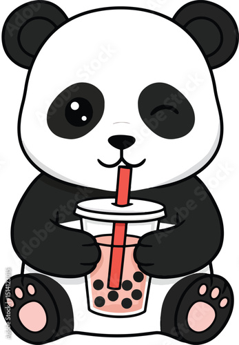 A panda holding bubble tea and winking