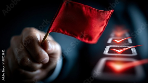 Hand Holding Red Flag with Checklist Boxes Warning Alert and Task Completion Symbol