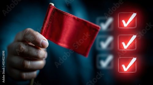 Hand Holding Red Flag with Checkmarks Alert Warning and Checklist Symbols for Business and S