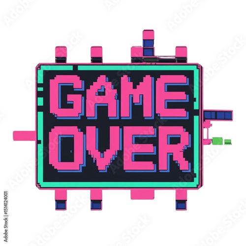 Retro game over screen pixel art vector graphic design for arcade and console games with pink and green color
