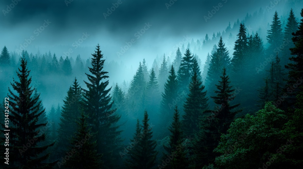 Fototapeta premium Night mist surrounds green pine forest. 