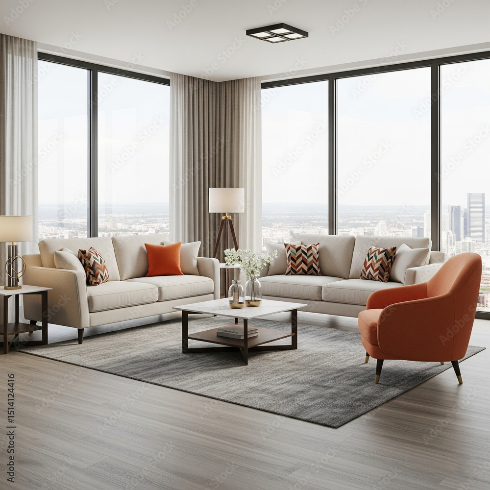 Fototapeta premium Modern living room with large windows, neutral furniture, and accents of orange and geometric patterns. Features sofas, a chair, rug, coffee table, and city view.