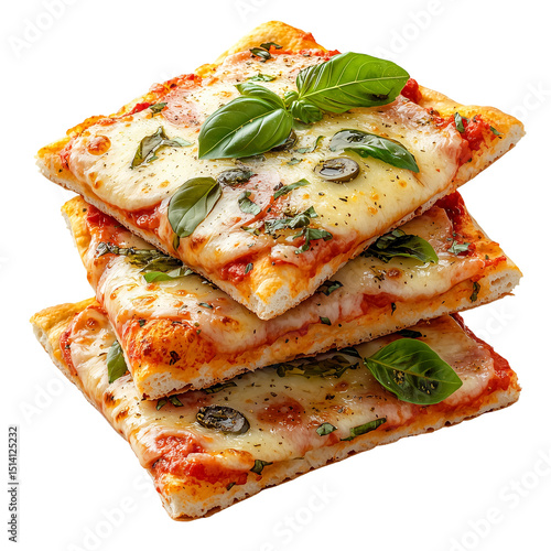 Delicious square pizza slices with basil and cheese ready to be eaten isolated on transparent  background png