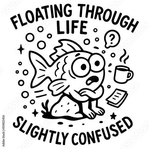 Confused cartoon fish sitting on a rock with coffee and paperwork. Funny black and white vector illustration with text “Floating Through Life”.