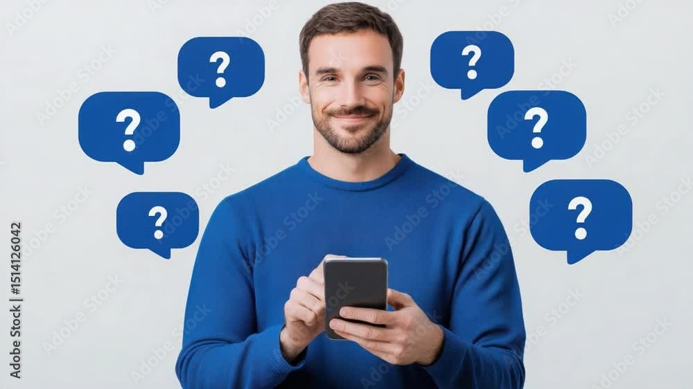 Man in Blue Sweater Using Smartphone with Question Marks and Pensive Expression on Light Background Man in Blue Sweater Using Smartphone with Question Marks and Pensive Expression on Light Background