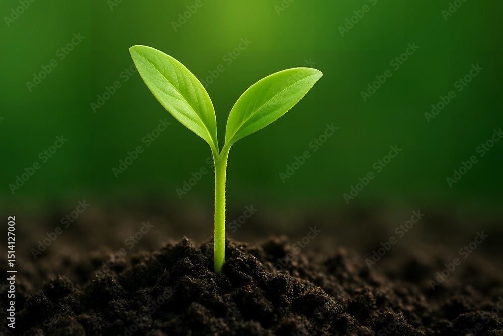 Fototapeta premium Emerging green seedling sprouting from rich soil