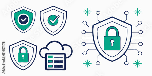 Graphic design illustrating security shields and locks representing data protection and cybersecurity concepts in a modern digital environment