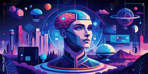 Futuristic art piece featuring a humanoid robot with a colorful brain in a sci-fi cityscape
