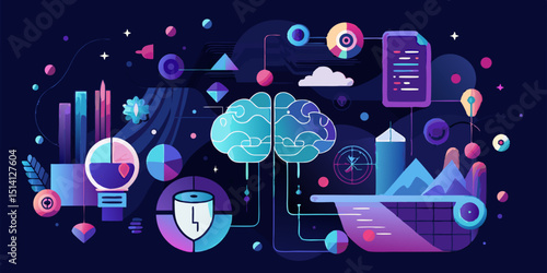 Colorful abstract representation of technology and creativity with brain imagery and geometric shapes