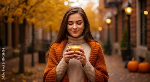 Woman holding a pumpkin spice latte wearing cozy autumn clothes.