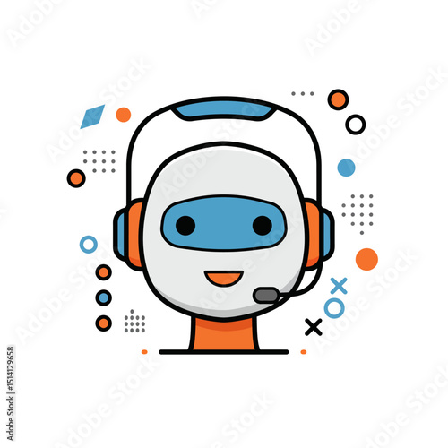 Illustration of a friendly robot assistant wearing a headset with digital elements around