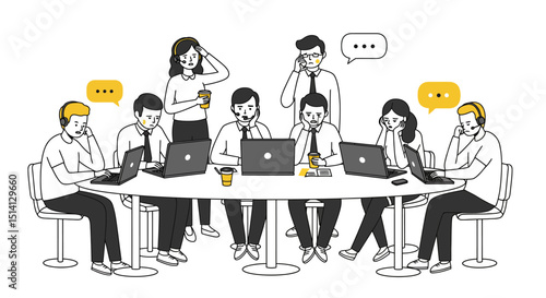 Illustration of stressed office workers collaborating around a large table with laptops and phones during a busy workday
