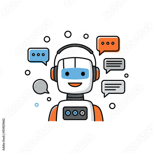 Friendly robot with headset engaging in online chat and communication interactions
