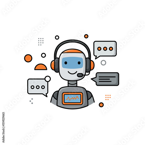 Illustration of a friendly robot with headset providing customer support and communication