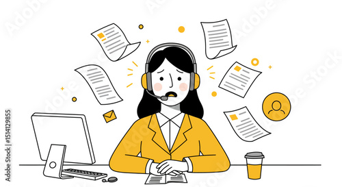 Stressed customer service representative overwhelmed with multiple urgent tasks and paperwork