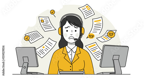 Stressed female customer service representative overwhelmed with multiple tasks and documents