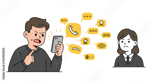 Illustration of a man angrily confronting a woman through a smartphone with hostile messages