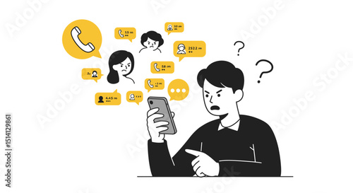 Frustrated man confused by multiple missed calls and messages on smartphone screen
