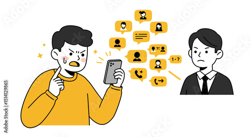 Angry young man confronting another person through smartphone messaging icons illustrating online conflict
