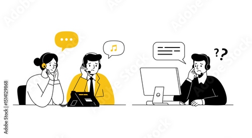 Customer service representatives handling calls with communication challenges and queries