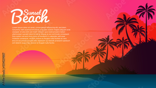 Sunset on beach background vector, summer banner with beautiful tropical summer evening at lagoon landscape