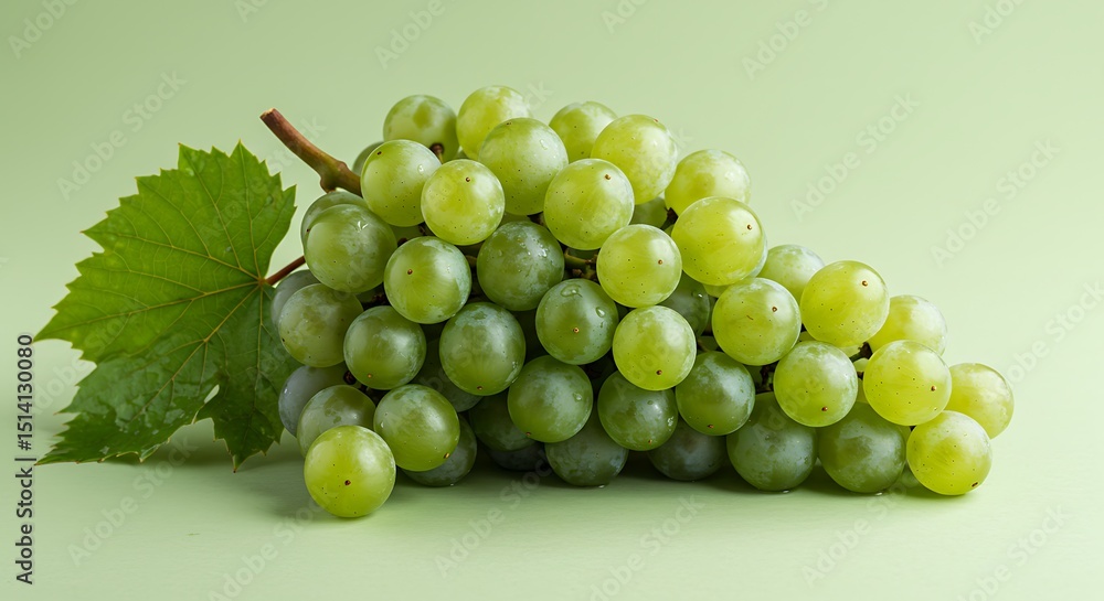 Green Grapes on a Green Background: A bunch of ripe, green grapes with a vibrant green leaf rests on a matching green backdrop. The image is simple, elegant. Green Grapes on a Green Background: A bunch of ripe, green grapes with a vibrant green leaf rests on a matching green backdrop. The image is simple, elegant.