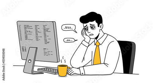 Tired office worker feeling stressed and overwhelmed while working on computer with coffee cup