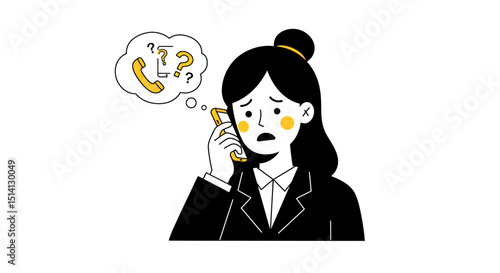Illustration of confused businesswoman holding phone with question marks indicating uncertainty