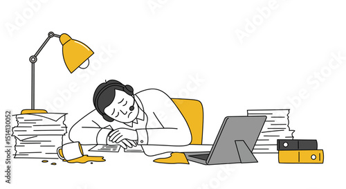 Overworked office worker falling asleep at desk surrounded by paperwork and digital devices