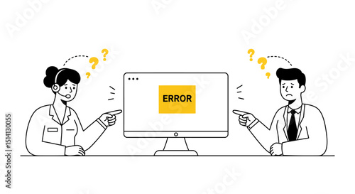 Confused businesspeople and customer support facing an error message on computer screen