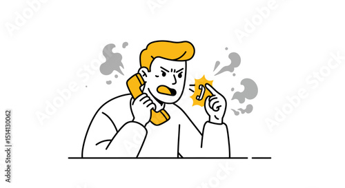 Illustration of an angry man shouting on the phone with frustration and irritation