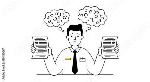 Illustration of a confused man trying to decide between two documents with question marks above his head