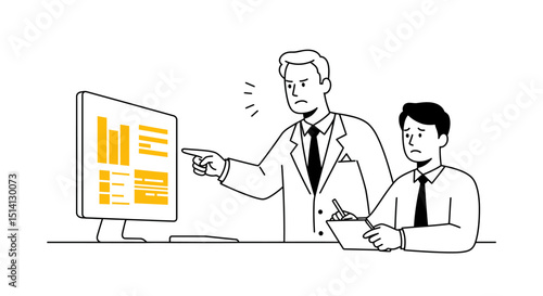 Business manager criticizes employee during office presentation with charts on computer screen