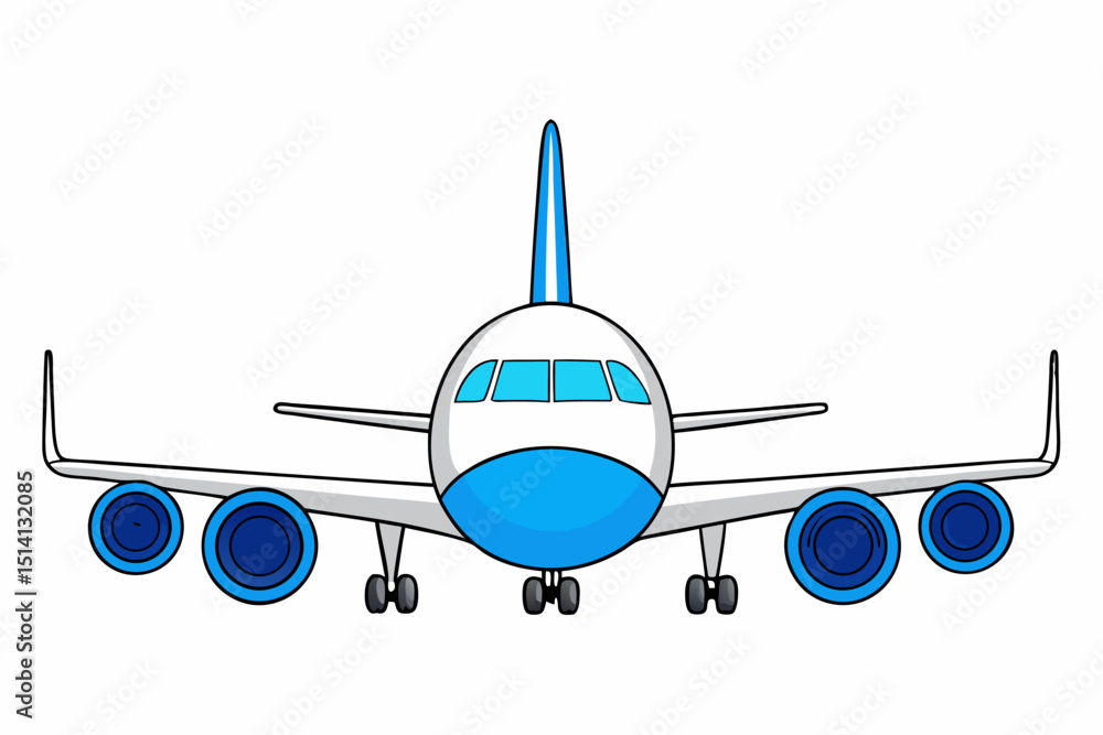 Cartoon airplane front view white blue jet plane Cartoon airplane front view white blue jet plane