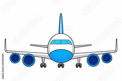 Cartoon airplane front view white blue jet plane