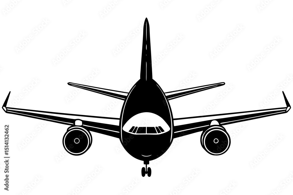 Airplane front view black and white illustration travel transportation Airplane front view black and white illustration travel transportation
